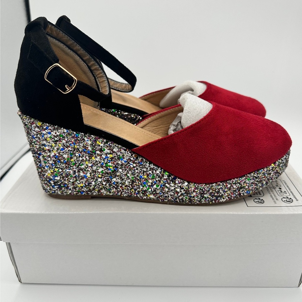 Unbranded Women's Sz 11Wedge Heels Red Black Glitter Platform Retro Glam